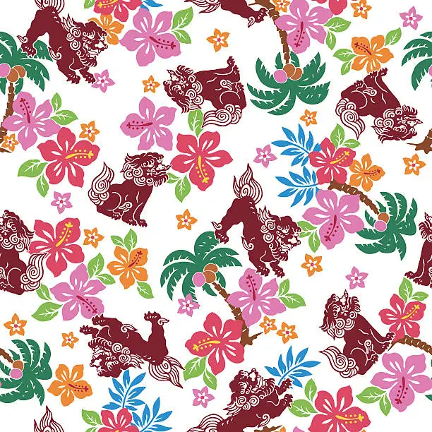 Vector illustration of Tropical flower Orient lion pattern