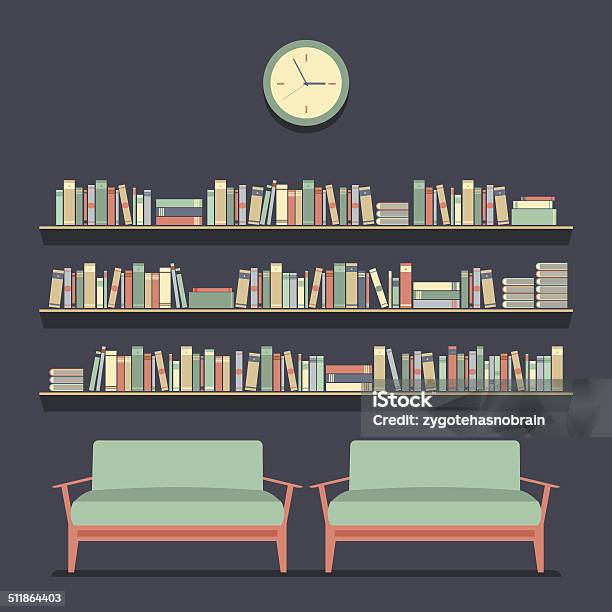 Flat Design Reading Seats And Bookshelves Vector Illustration Stock Illustration - Download Image Now