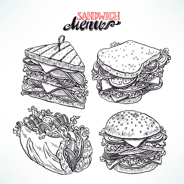 ilustrações de stock, clip art, desenhos animados e ícones de conjunto de deliciosas sanduíches - burger sandwich hamburger eating
