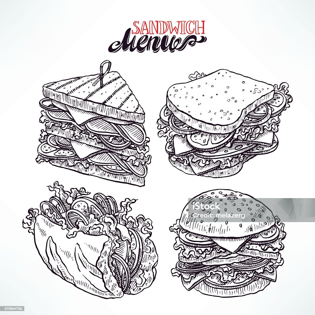 set of delicious sandwiches set of four delicious appetizing sandwiches. hand-drawn illustration Sandwich stock vector