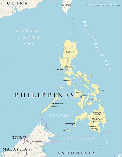 Philippines Political Map Philippines Political Map with capital Manila, national borders, most important cities, rivers and lakes. English labeling and scaling. Illustration. sulu philippines stock illustrations