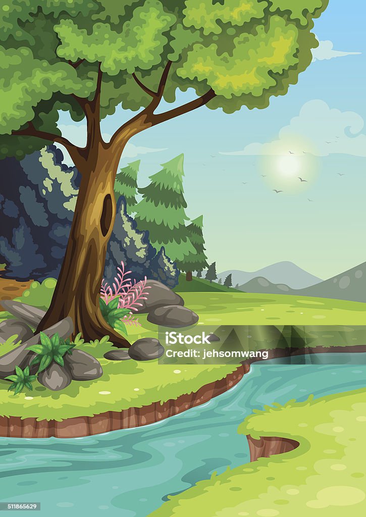 Illustration Of Forest With A River Background Vector Stock Illustration -  Download Image Now - iStock