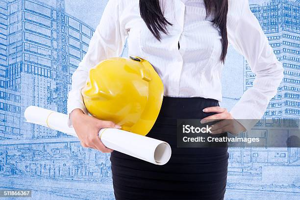 Closeup Safety Helmet On Blueprint Stock Photo - Download Image Now - Helmet, One Woman Only, Women