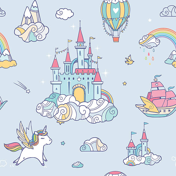 요정 클라우드 성 패턴 - unicorn horse magic fairy tale stock illustrations