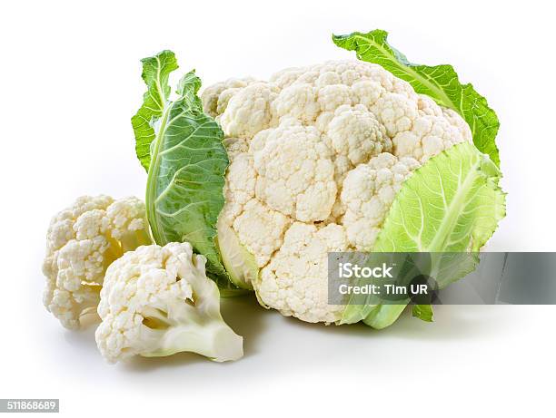 Fresh Cauliflower With Pieces Isolated On White Stock Photo - Download Image Now - Cauliflower, Cut Out, White Background