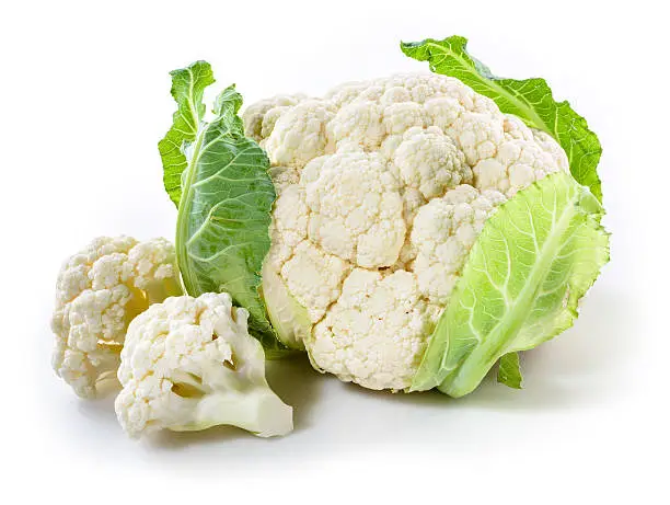 Photo of Fresh cauliflower with pieces isolated on white