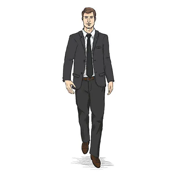 Vector illustration of Vector Sketch Men Model in Black Suit. Business dress code.