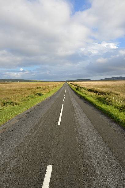 Islay road portrait The road from Bowmore to Port Ellen cuting through miles of peat. bowmore whisky stock pictures, royalty-free photos & images