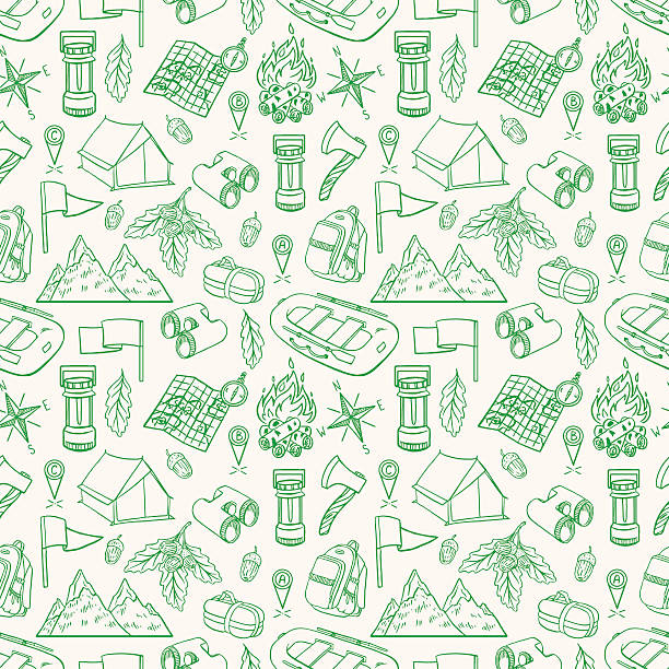 Seamless sketch equipments Seamless green background of sketch camping equipments. Hand-drawing illustration background of a camping stock illustrations