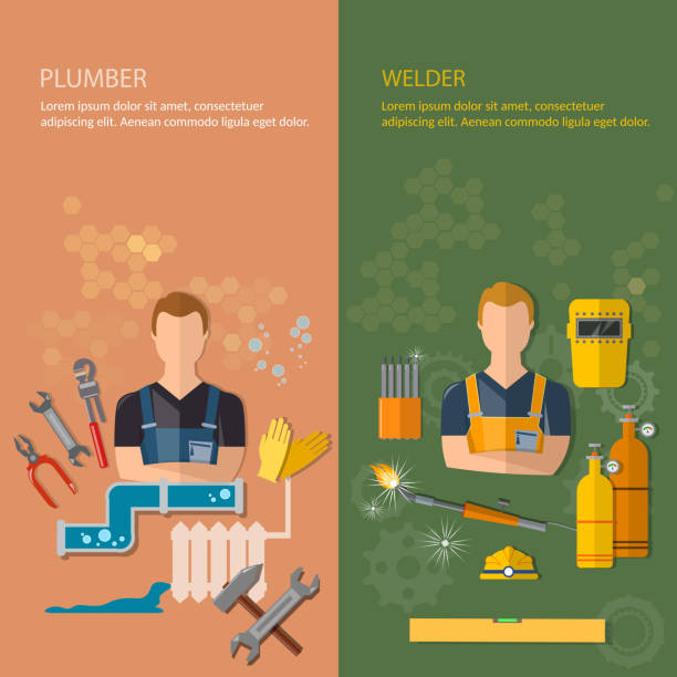 Industrial professions banners plumber and welder Industrial professions banners plumber and welder plumbing tools and welding tools vector illustration australian rugby championship stock illustrations