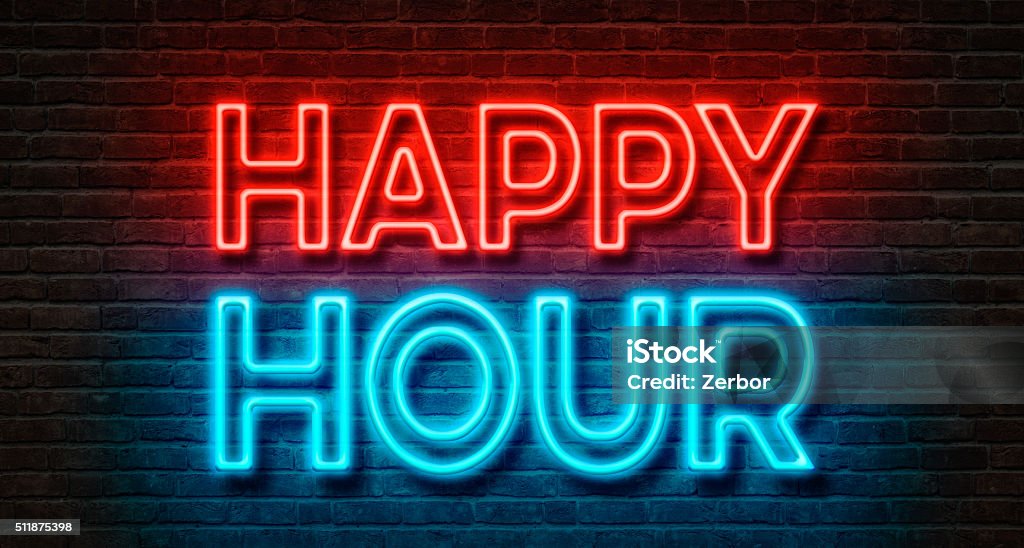 Neon sign on a brick wall - Happy Hour After Work Stock Photo