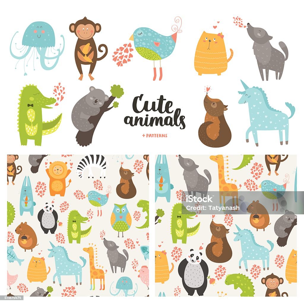 Cartoon animals collection Cartoon animals collection and seamless patterns.  Vector cute monkey, bird, koala, jellyfish, cat, panda, dog,  crocodile, unicorn, wolf isolated on white background, baby animals in love Cute stock vector