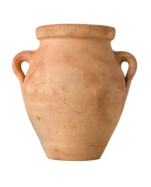 A terracotta amphora on a white background