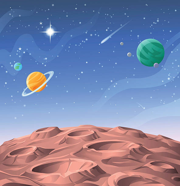 Planetary Surface Surface of an alien planet or asteroid saturated with craters. In the background is a dark blue sky full of stars, moons, and planets. Vector illustration with space for text. moon surface illustrations stock illustrations