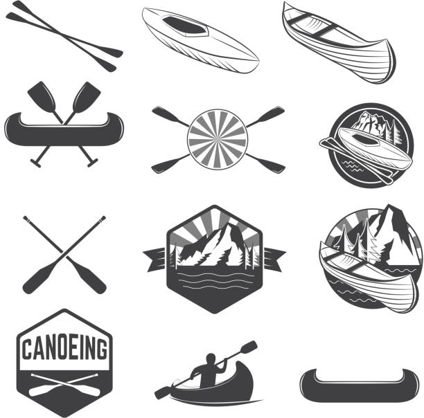 illustrazioni stock, clip art, cartoni animati e icone di tendenza di canoa gruppo di etichette e gli elementi di progettazione - remo