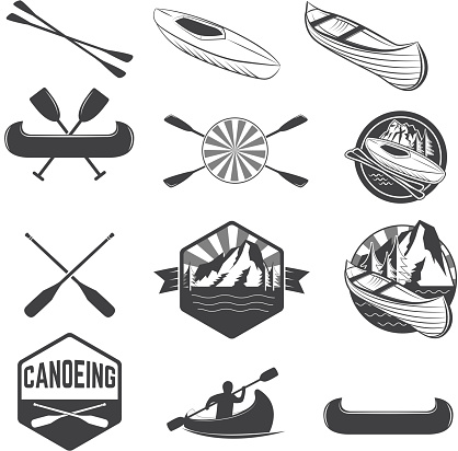 Set of canoeing labels and design elements. kayak labels. Rafting. Vector design elements for label, emblem. Vector illustration.