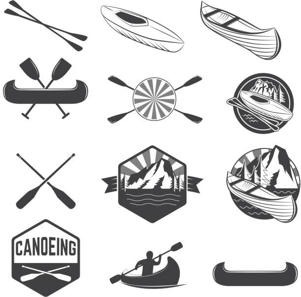 Set of canoeing labels and design elements Set of canoeing labels and design elements. kayak labels. Rafting. Vector design elements for label, emblem. Vector illustration. rafting kayak kayaking river stock illustrations