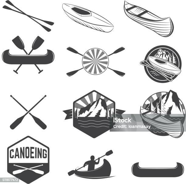 Set Of Canoeing Labels And Design Elements向量圖形及更多獨木舟圖片 - 獨木舟, 槳, 側影