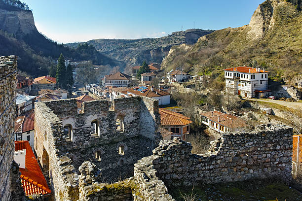 Panorama of town of Melnik  from Ruins of Byzantine fortress Panoramic view of town of Melnik  from Ruins of Byzantine fortress, Blagoevgrad region, Bulgaria blagoevgrad province photos stock pictures, royalty-free photos & images