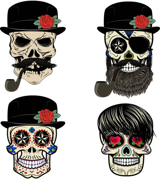 Vector illustration of Skull with beard and smoking pipe.