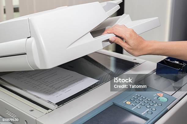 Woman Opening A Photocopier Stock Photo - Download Image Now - Photocopier, Document, Bar Code Reader