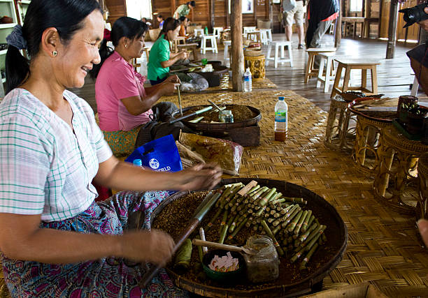 mulheres fazendo charutos birmanês - handroll imagens e fotografias de stock