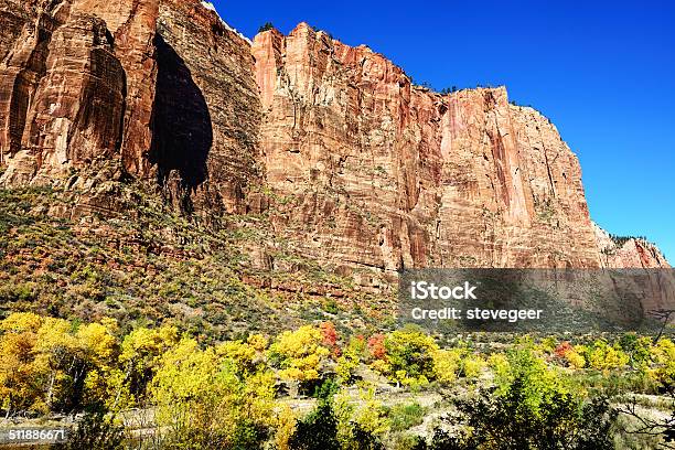 Cottonwood Trees In Autumn And Canyon Wall Zion National Park Stock Photo - Download Image Now