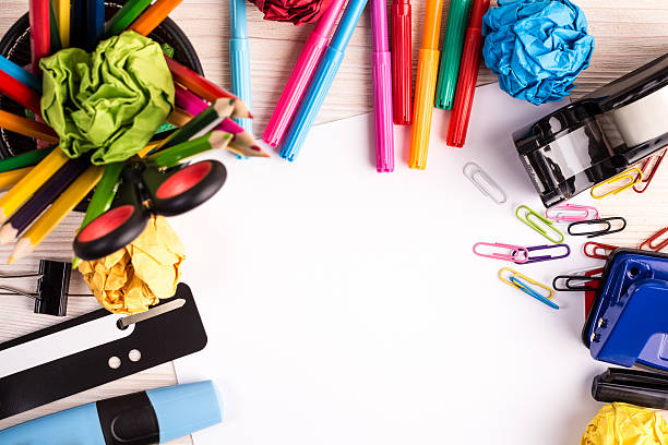 istock Office supplies on wooden desk 511918422