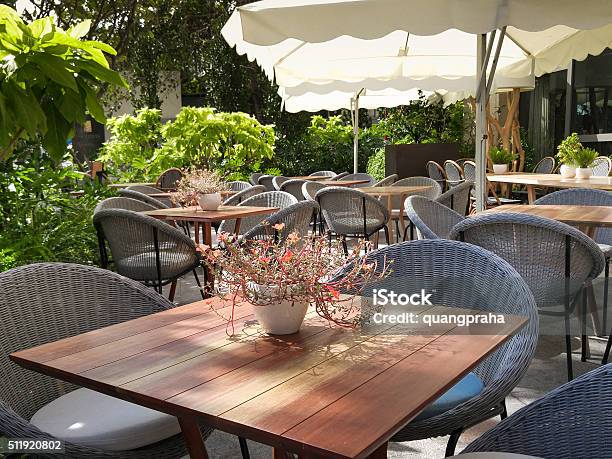 Chairs And Tables Of A Restaurant Seating Outside With Parasols