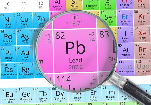 chumbo-elemento de monte mendeleev tabela periódica ampliada com lupa - mendeleev table imagens e fotografias de stock