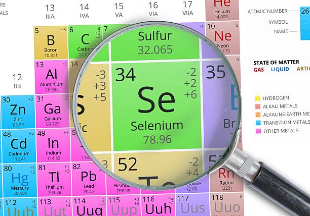 selénio-elemento de monte mendeleev tabela periódica ampliada com lupa - mendeleev table imagens e fotografias de stock