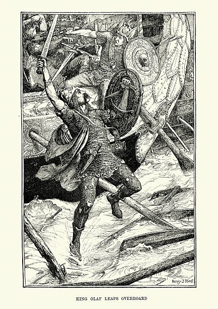 stockillustraties, clipart, cartoons en iconen met king olaf tryggvason at the battle of svolder - erwin olaf