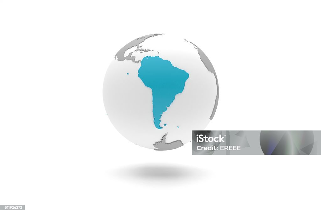 Highly detailed 3D planet Earth globe, South America Highly detailed 3D planet Earth globe with grey continents in relief and white oceans, centered in blue South America Map Stock Photo