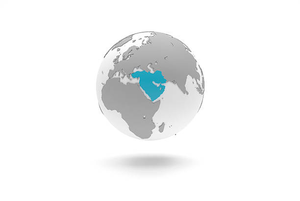 Highly detailed 3D planet Earth globe with grey continents in relief and white oceans, centered in blue Middle East