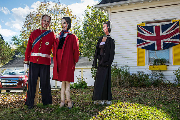 Scarecrow festival, Mahone Bay, Canada Mahone Bay, Canada - October 9, 2014: Figures (Royal Family) at the annual scarecrow festival. Figures of different motives are placed in the streets all over the town. princess of wales stock pictures, royalty-free photos & images