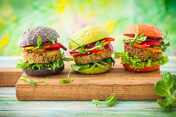 color burger Red, green,black mini burgers with quinoa and vegetables veggie burger stock pictures, royalty-free photos & images
