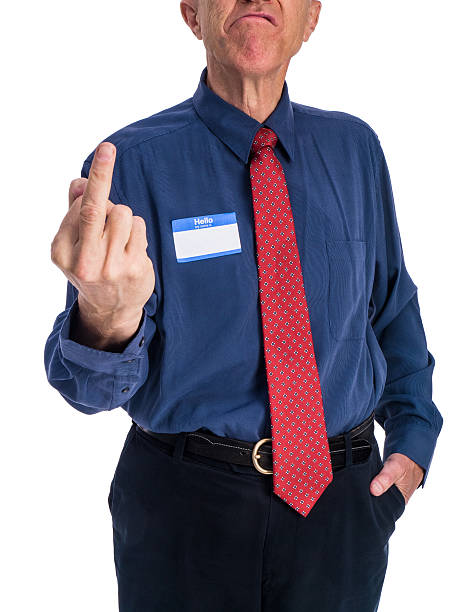 alter mann im blauen hemd mit krawatte und namensschild - label sign symbol single word stock-fotos und bilder