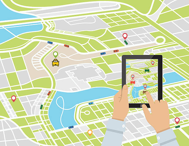 Person Using A Rideshare Mobile Application On A Tablet Hands using a tablet and booking a rideshare application to get a taxi or ride service by using an online ride-share application. Hands hold a tablet containing a street map and GPS car locations. Big city map in the backgorund city map illustrations stock illustrations