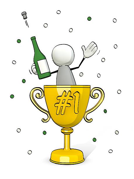 wenig skizzierte mann mit champagner flasche in goldenen gewinner-cup - humor athlete trophy one person stock-fotos und bilder