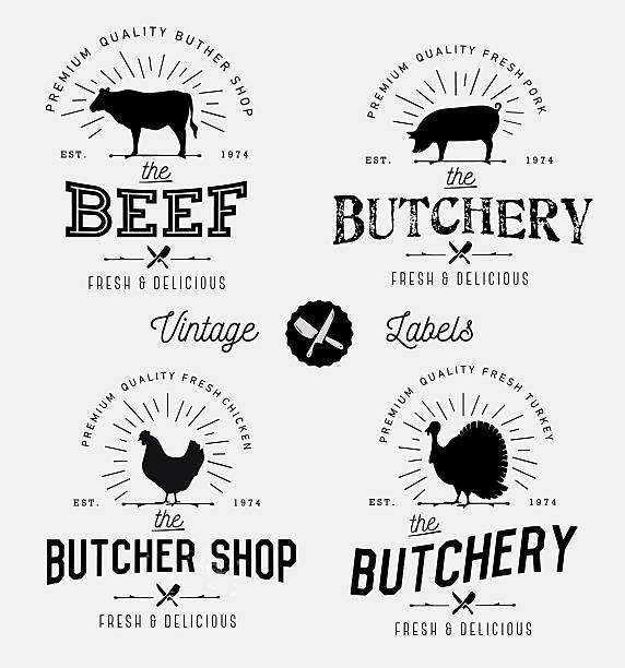 Butcher Shop Design Elements, Labels and Badges in Vintage Style Butcher Shop Design Elements, Labels and Badges in Vintage Style pig illustrations stock illustrations