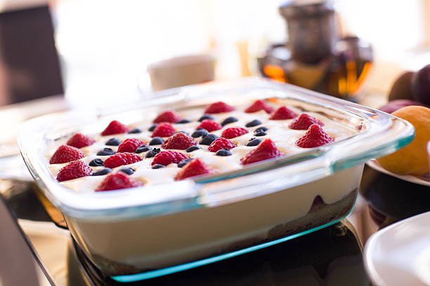 Homemade Tiramisu with raspberry and blueberry stock photo