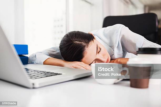 Tired Woman In The Office Stock Photo - Download Image Now - Sleeping, Desk, One Woman Only