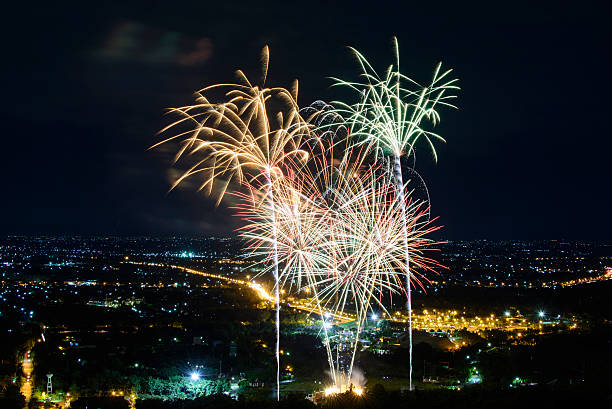 istock Fireworks on night city background 511939388