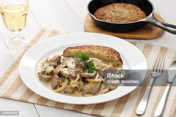 Zurich Style Veal Stew And Rosti Potato Stock Photo - Download Image Now - Chopped Food, Zurich, Food