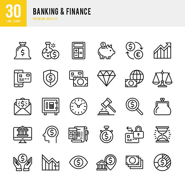 Banking & Finance - Thin Line Icon Set Banking & finance set of 30 line vector icons. piggy bank calculator stock illustrations