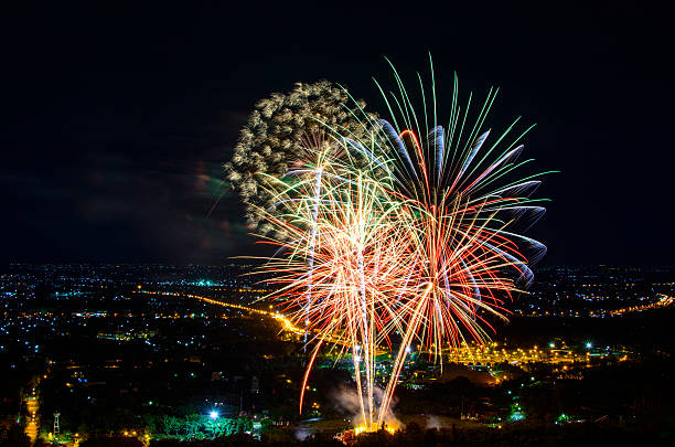 istock Fireworks on night city background 511943700