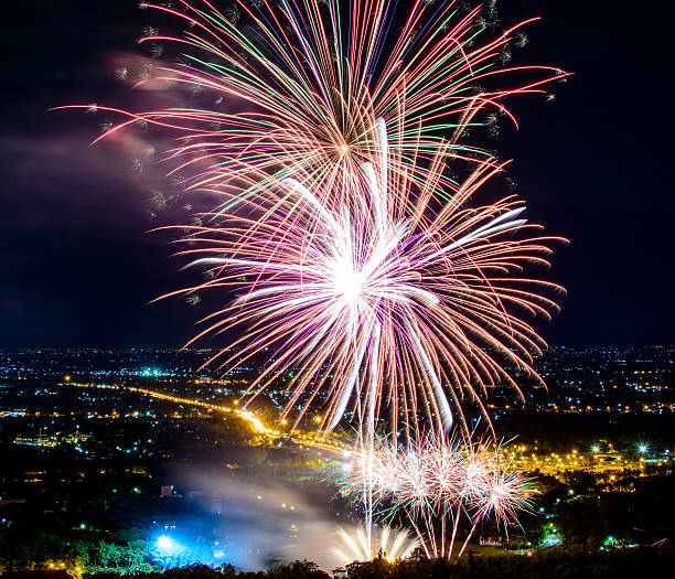istock Fireworks on night city background 511943912
