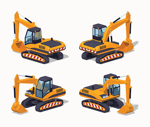 illustrazioni stock, clip art, cartoni animati e icone di tendenza di giallo escavatore. macchinario speciale - earth mover bulldozer construction scoop