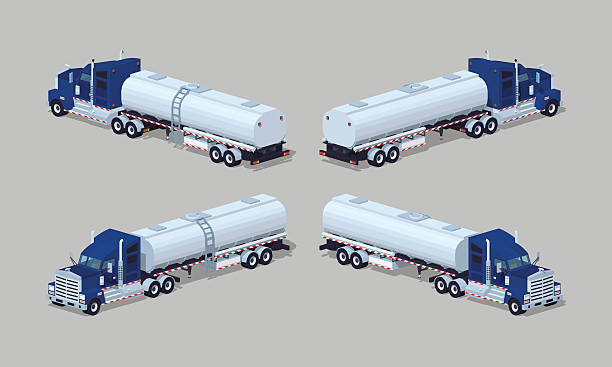 ilustraciones, imágenes clip art, dibujos animados e iconos de stock de azul oscuro metales camión con plata tanque-tráiler - isometric truck traffic semi truck