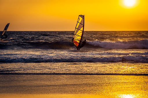 summer sports: windsurfer speeding fast against the sunset